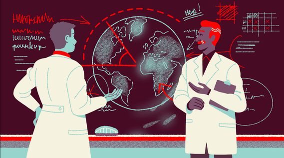 Two scientists calculate Virgin Orbit rocket with schemes on black board