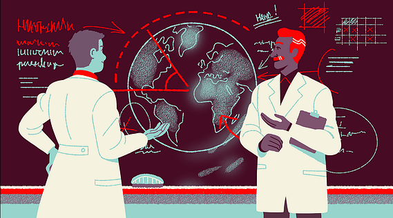 Two scientists calculate Virgin Orbit rocket with schemes on black board