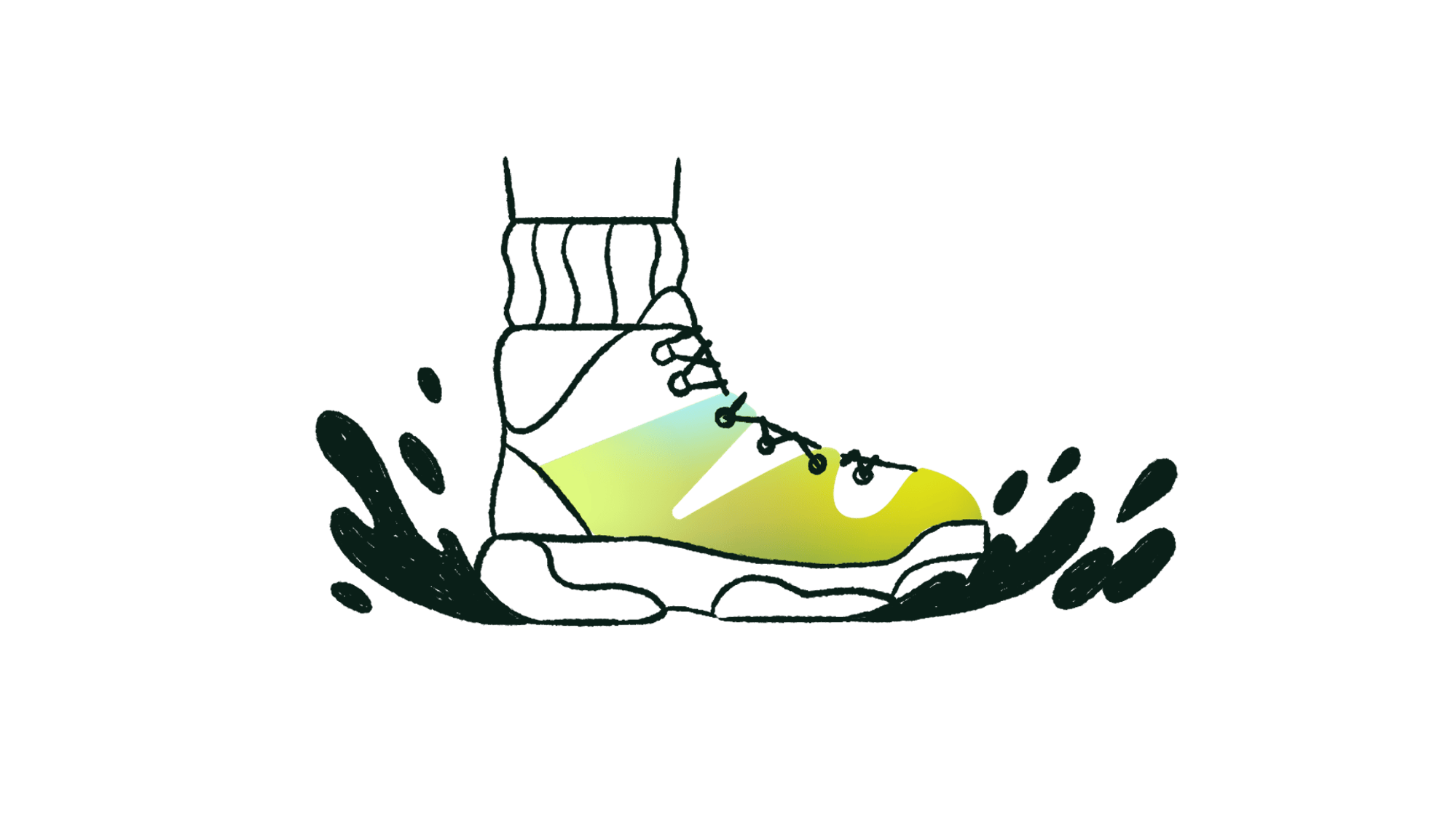 Illustration of a hiking boot that has just burst in the splashing mud.