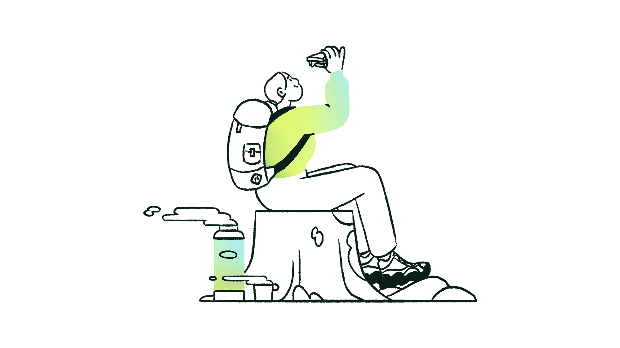 Illustration of a woman getting ready to eat a sandwich. She pauses on a tree trunk during her hike. Her thermos is smoking beside her.