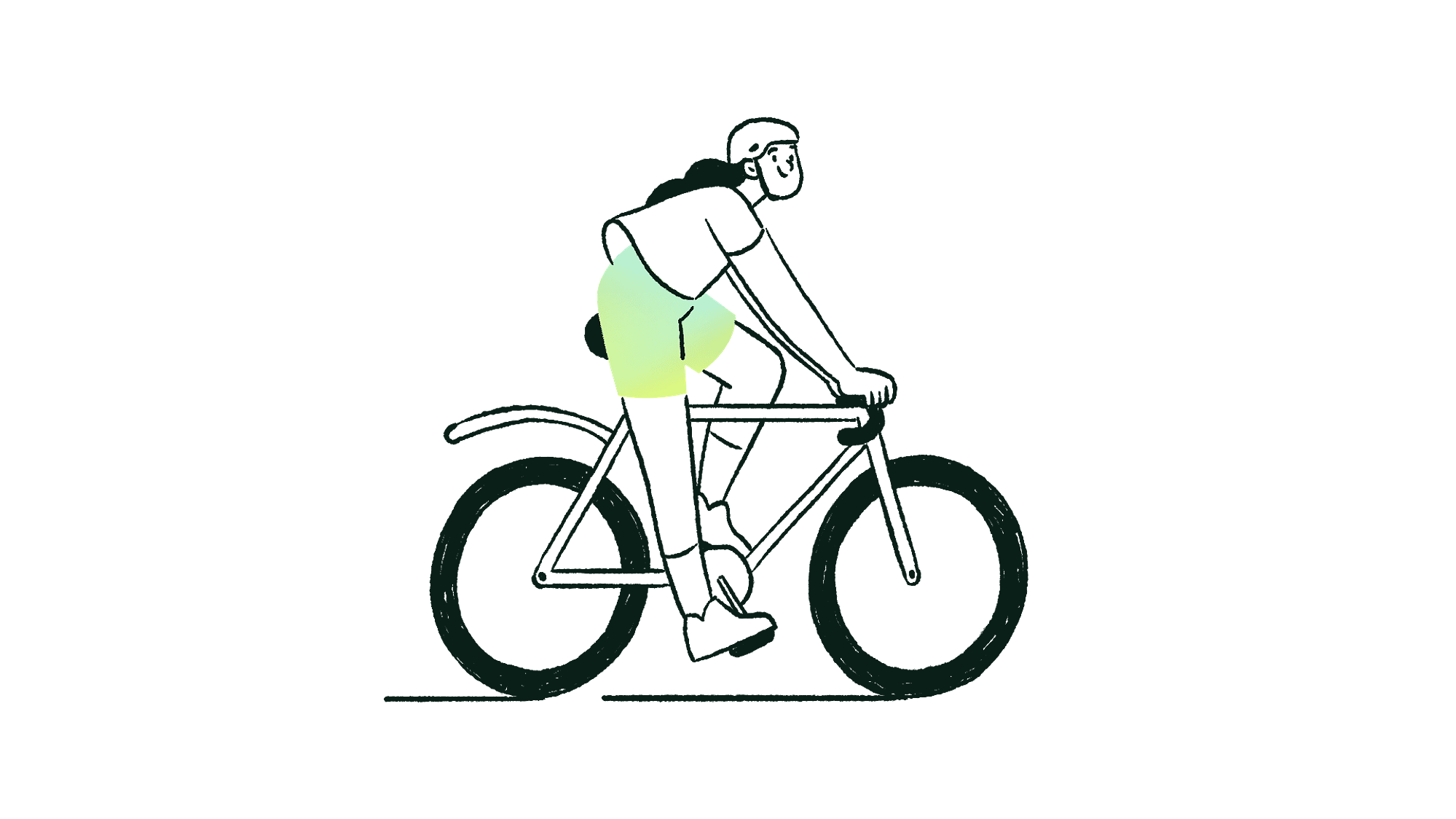 Illustration of a character riding a mountain bike wearing a helmet and colorful short.