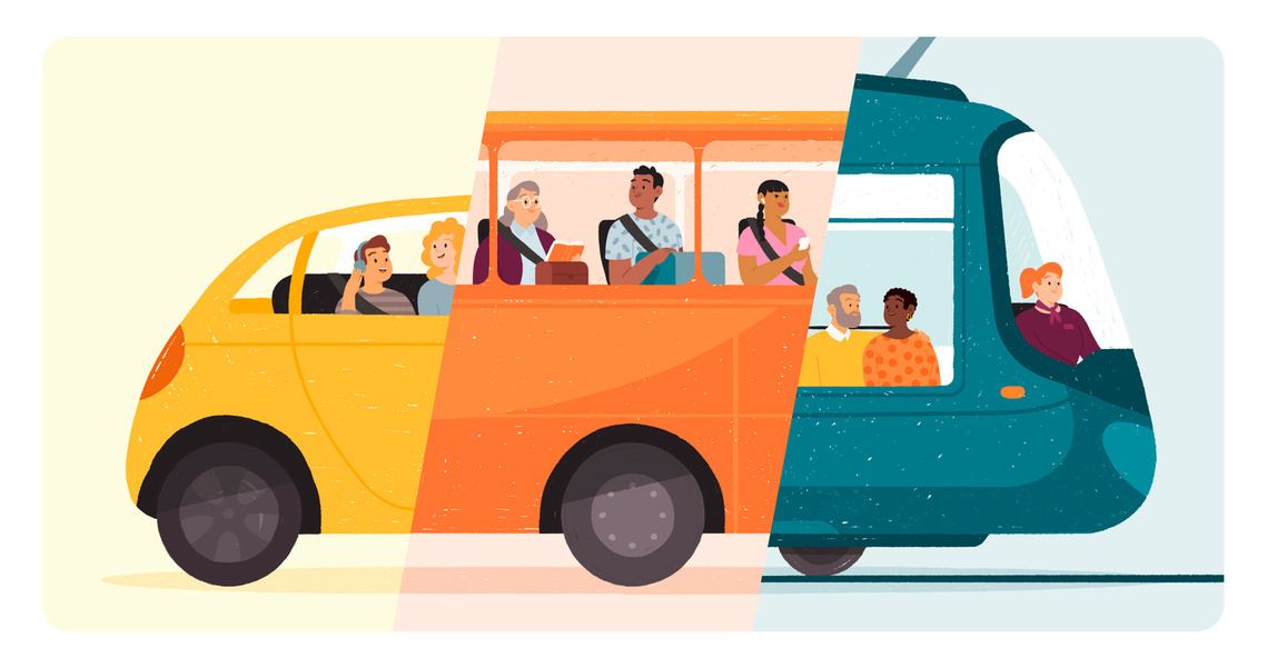 Illustration des mobilités douces en un véhicule  propre fait de covoiturage, de bus, de tramway. Les personnages sont divers, coloré·es, à l'aise et souriant·.es