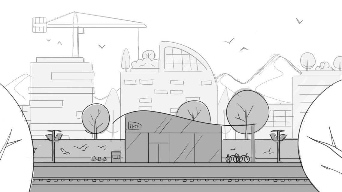 Rough sketch of a trainstation in a mountain scenery