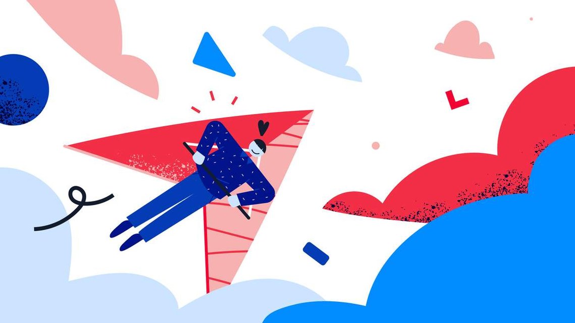 A character soars happily on a deltaplane amidst the clouds, enjoying a refreshing, vibrant atmosphere. The scene embodies a sense of freedom and exhilaration that comes from being connected in the digital world.