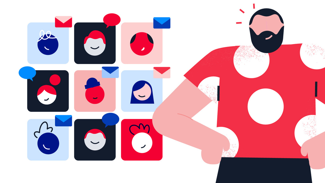In the foreground, a man wearing a red polka-dotted shirt stands alongside nine diverse icons of people, each with unique features such as hats, varying hairstyles, and genders. These icons exchange information, representing the wide range of individuals 