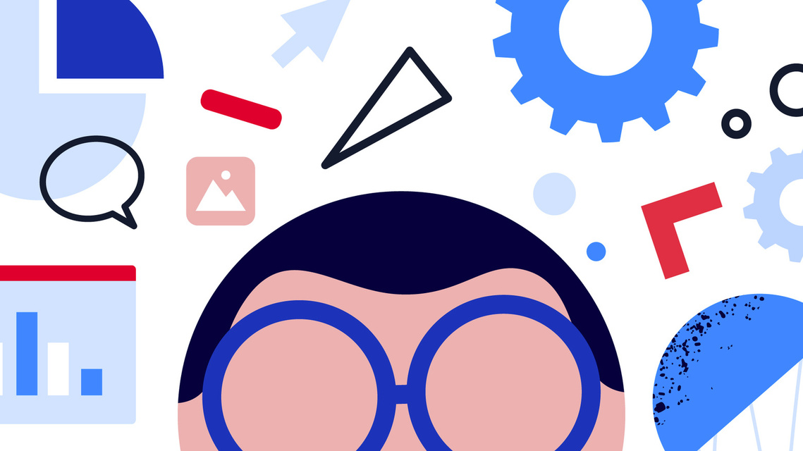 A close-up of a character's face wearing large glasses, surrounded by flying icons, emphasizing the individual's interaction with the digital world and its constant presence in their daily life.