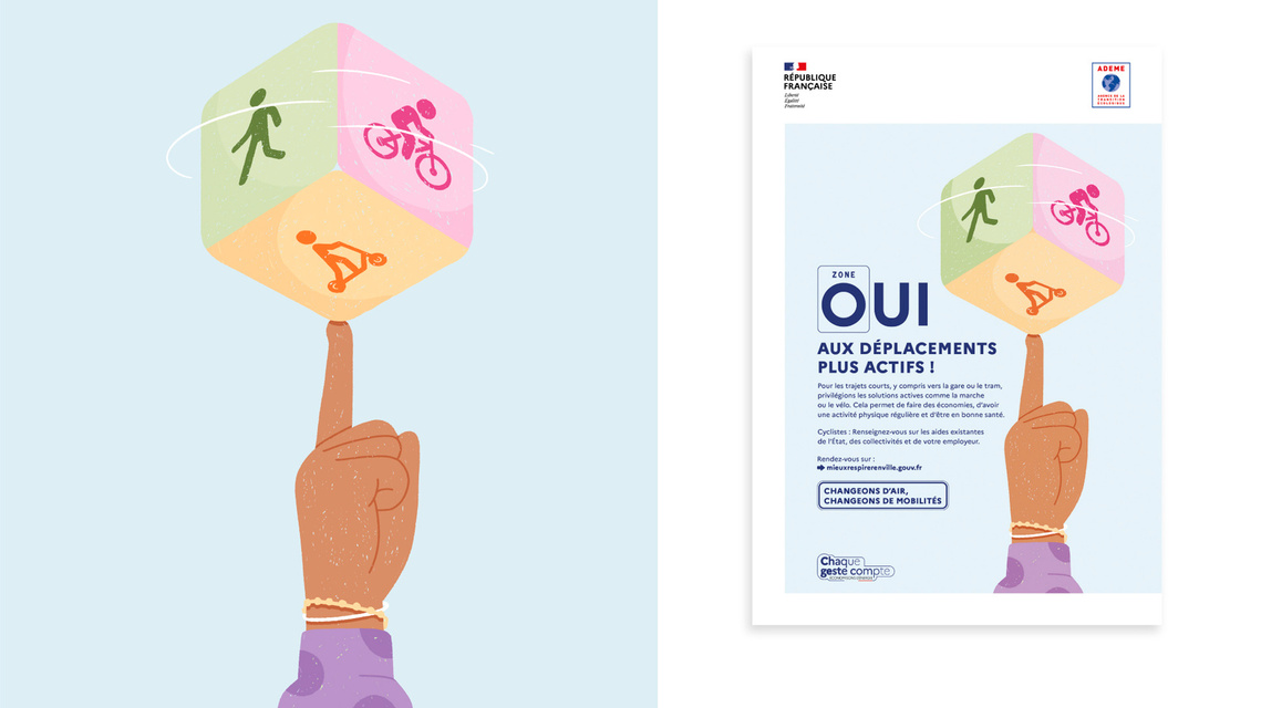 Affiche de sensibilisation aux mobilités douces :  Oui aux déplacements plus actifs ! Un  cube aux tons pastels tient sur un doigt pointé vers le haut et arbore des graphismes de marche, de cyclisme, de trottinette.
