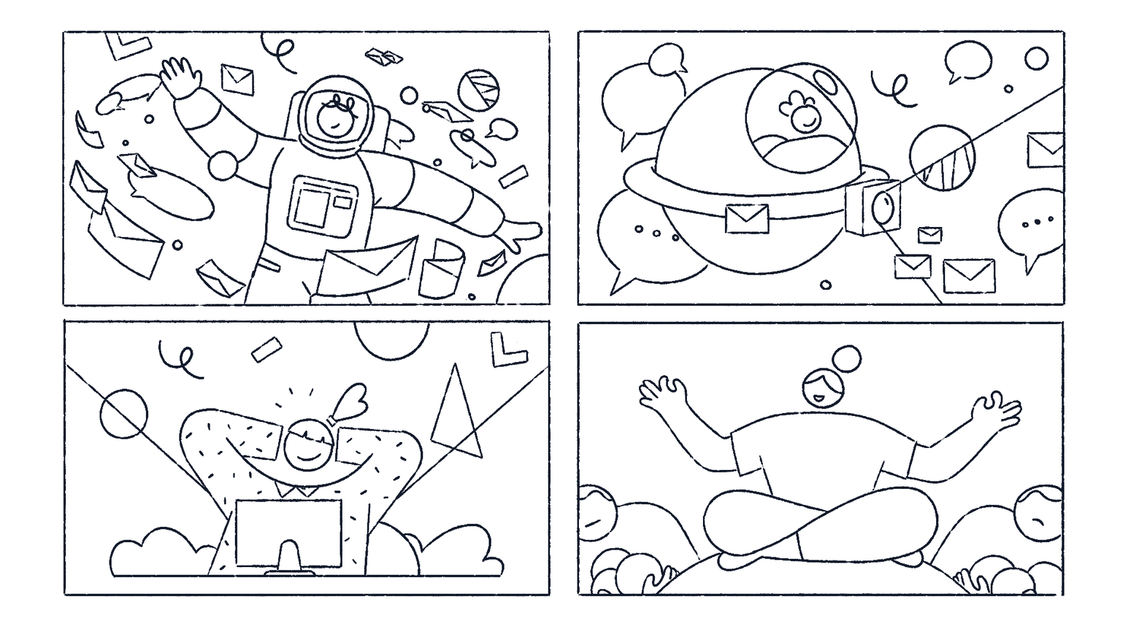 a few penciled storyboard boards featuring characters and rough graphic elements