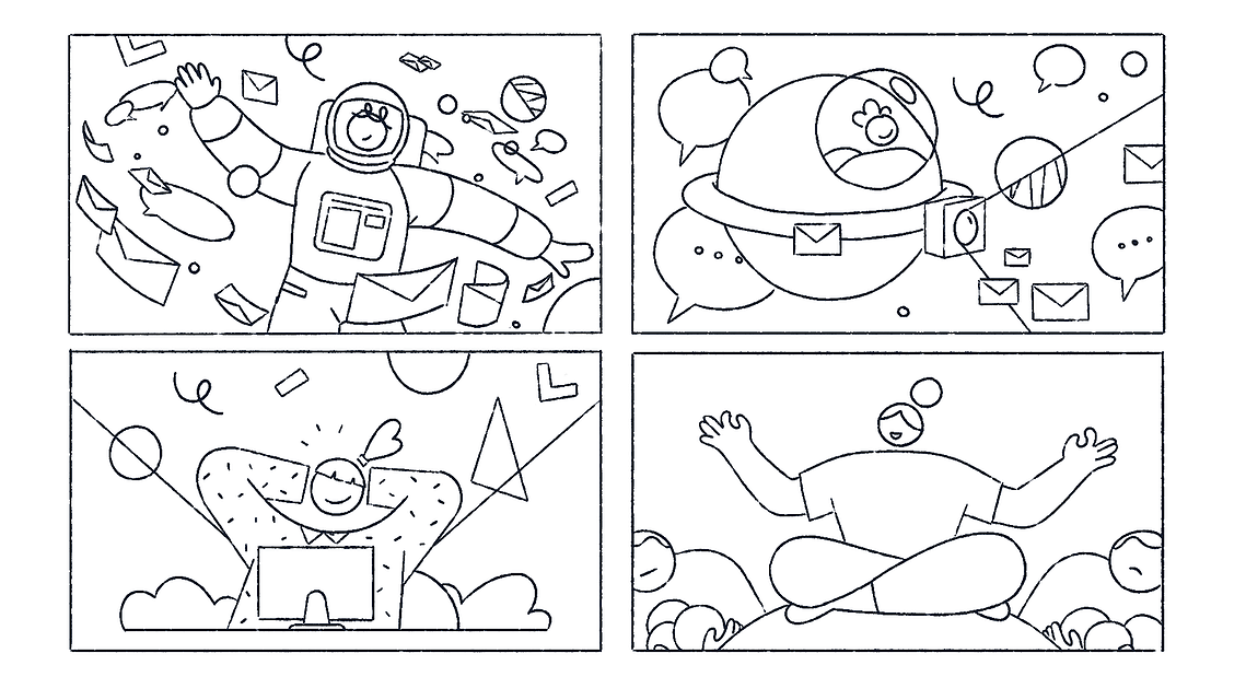 a few penciled storyboard boards featuring characters and rough graphic elements