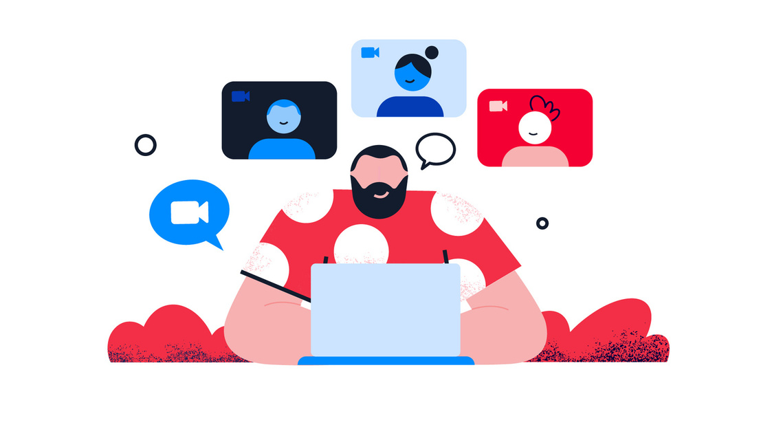 A minimalist, flat design illustration depicting a bearded man engaging in a video conference with employees, using a limited color palette of three bold shades to create a visually appealing and stylish representation of modern communication technology.