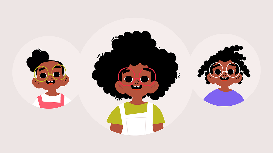 Close-up character studies exploring three natural hairstyle variations for Mia, featuring different textured hair arrangements and expressions.