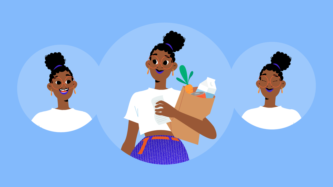 Character design styleframe with details of young black woman