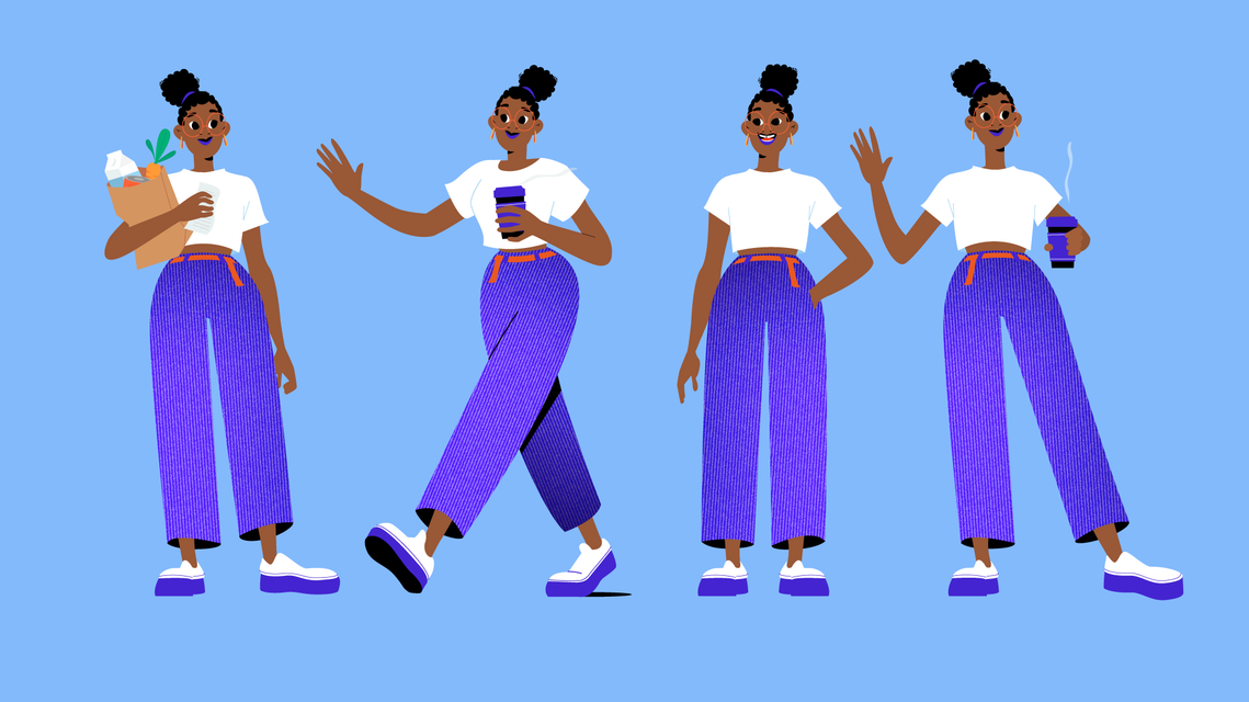 4 different postures and actions of smiling, dynamic, young black woman
