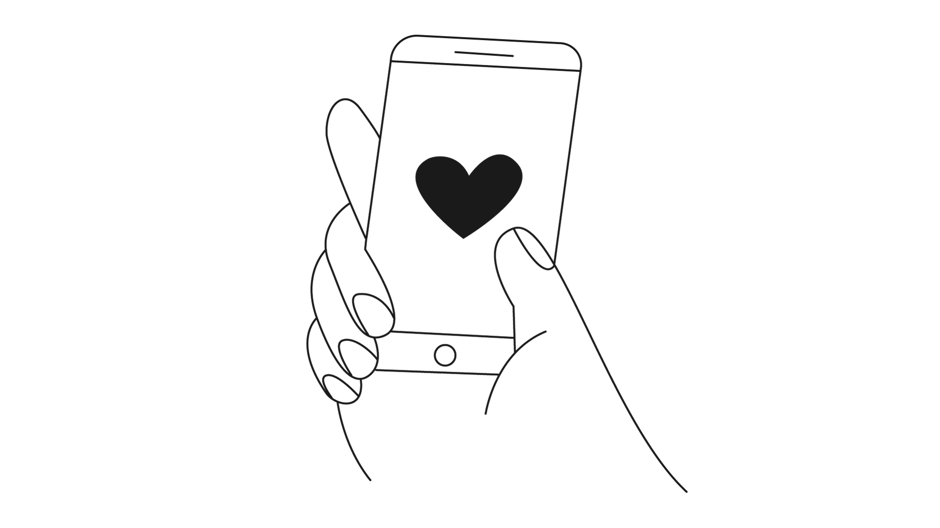 Black and white drawing. Hand holds mobile with a big black heart on the screen. Thumb ready to push. 