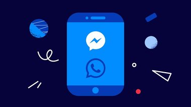 Against a deep blue background, a simplified mobile phone interface and geometric elements converge, accompanying the WhatsApp logo, creating a minimalist and elegant composition that highlights the app's functionality.