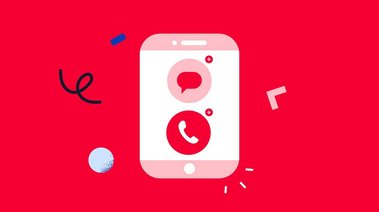 Against a vibrant red background, a simplified mobile phone interface presents easily identifiable icons as large buttons, creating a playful atmosphere that emphasizes ease of use and accessibility within the digital realm.
