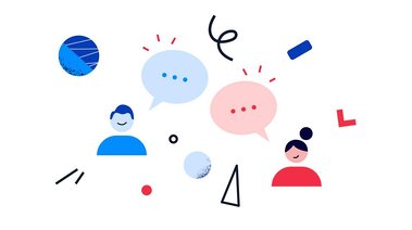 Two ultra-simplified characters, almost resembling icons, engage in conversation amidst basic geometric shapes and bubbles. The overall scene feels light and airy, representing the simplicity and ease of communication.
