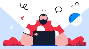 A frustrated character sits in front of their computer, not yet utilizing Twilio's services, amidst a chaotic red backdrop, symbolizing confusion and irritation without the help of Twilio's organized solutions.