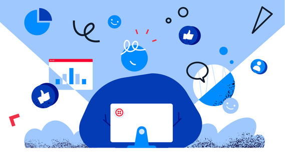 A content character smiles confidently in front of their computer, surrounded by levitating icons, graphics, pictograms, and geometric shapes, embodying a sense of control and satisfaction within the digital space.