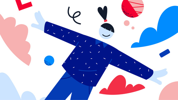 A playful character appears to be floating with arms wide open amidst geometric shapes and clouds, creating a light-hearted and whimsical atmosphere that celebrates freedom and joy.