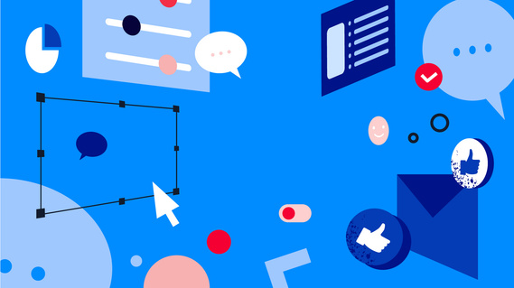 An airy, spacious design featuring floating icons, windows, cursors, buttons, and data, showcasing a sense of lightness and organization in the digital world.