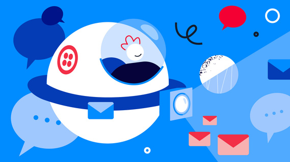 A playful illustration of a Twilio-branded submarine exploring the sea, surrounded by shapes representing digital communication elements like emails and conversations, creating a cheerful and connected underwater world.