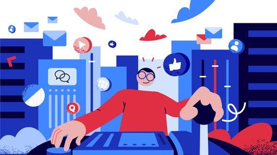 A dynamic illustration of a character operating a machine against a backdrop of a digital interface cityscape, surrounded by moving icons, creating a clean and energetic atmosphere that showcases the interconnected digital world.