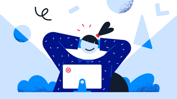 A relaxed character stretches their arms back, leisurely enjoying the comfort and satisfaction of using Twilio's service, surrounded by pastel graphic elements and a computer, representing ease and contentment in the digital realm.