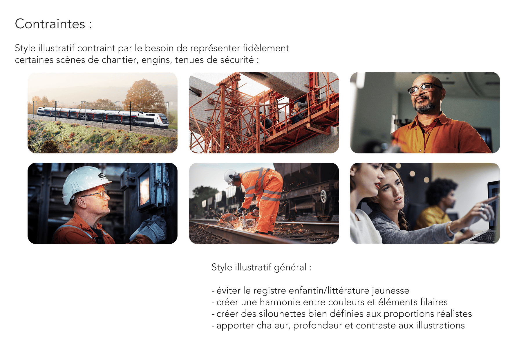 Moodboard de vignettes de photos de TGV, technicien, mécanicien, employé. Contraintes et style d'illustration souhaité