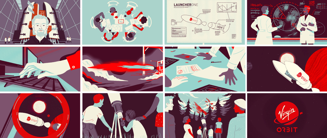 Virgin Orbit animation storyboard. Richard Branson in front of a rocket launcher. Teamwork, strategic plans, engineer making calculus on a black board. Hands typing on a keyboard. Family gathering outside at night to watch the stars. Virgin Orbit logo