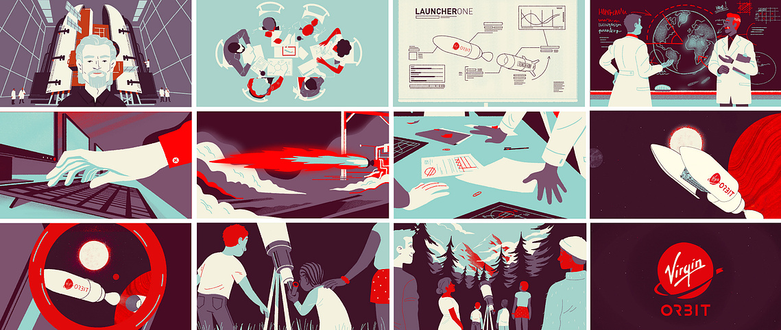 Virgin Orbit animation storyboard. Richard Branson in front of a rocket launcher. Teamwork, strategic plans, engineer making calculus on a black board. Hands typing on a keyboard. Family gathering outside at night to watch the stars. Virgin Orbit logo