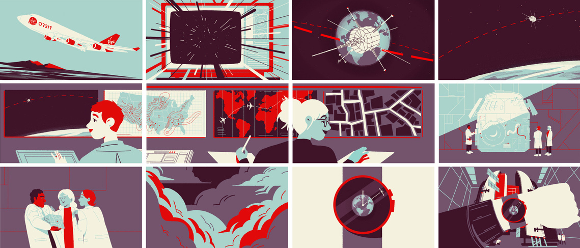 A Virgin Orbit plane takes off. A satellite is launched into space. Scientists and researchers are designing a satellite. A wristwatch indicates the time for the launch.