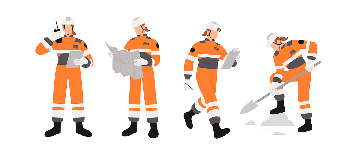 Poses of an employee character in Sncf Réseau workwear with a map, a shovel, a pen 