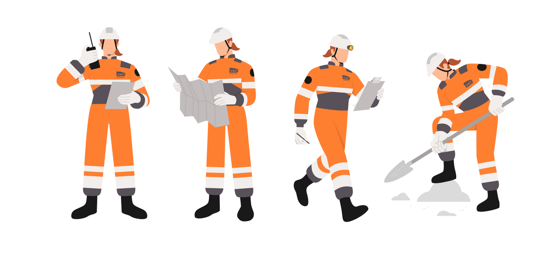 Poses of an employee character in Sncf Réseau workwear with a map, a shovel, a pen 