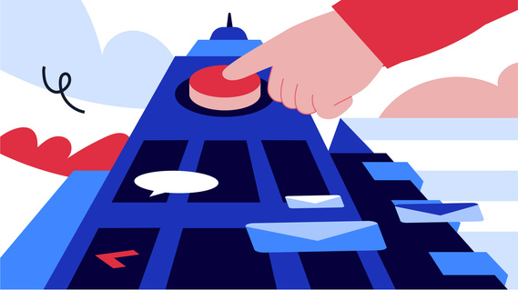 An imposing building emerges in forced perspective, reaching towards the clouds. At the pinnacle, a giant hand presses a large button, symbolizing the power and control that can be exerted within the digital realm.