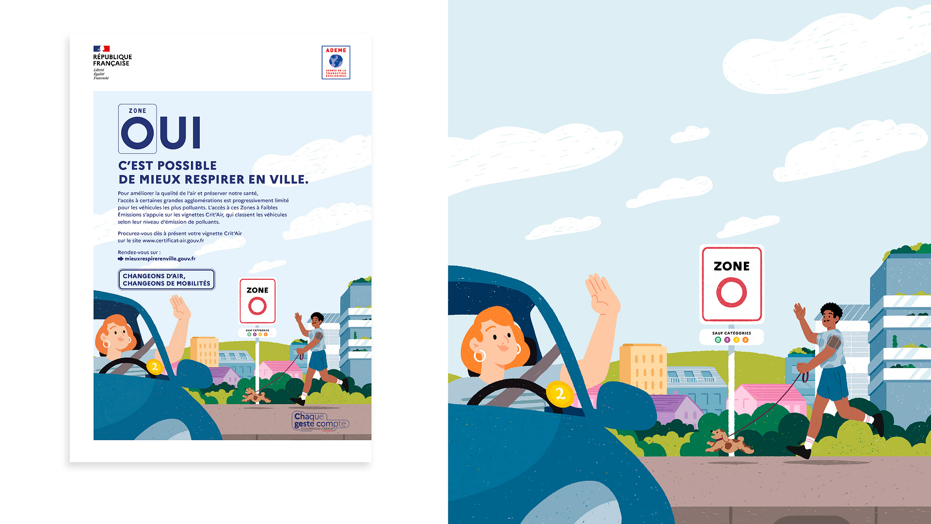 Zone à faible émission, un jogger et son chien salue une automobiliste souriante avec vignette Crit'air 2. Message :  "Oui c'est possible de mieux respirer en ville"