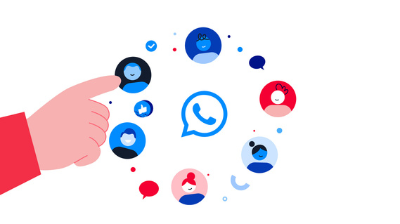 A hand pointing at colleague icons surrounding the WhatsApp logo, effectively illustrating the simplicity and efficiency of group communication within the app.