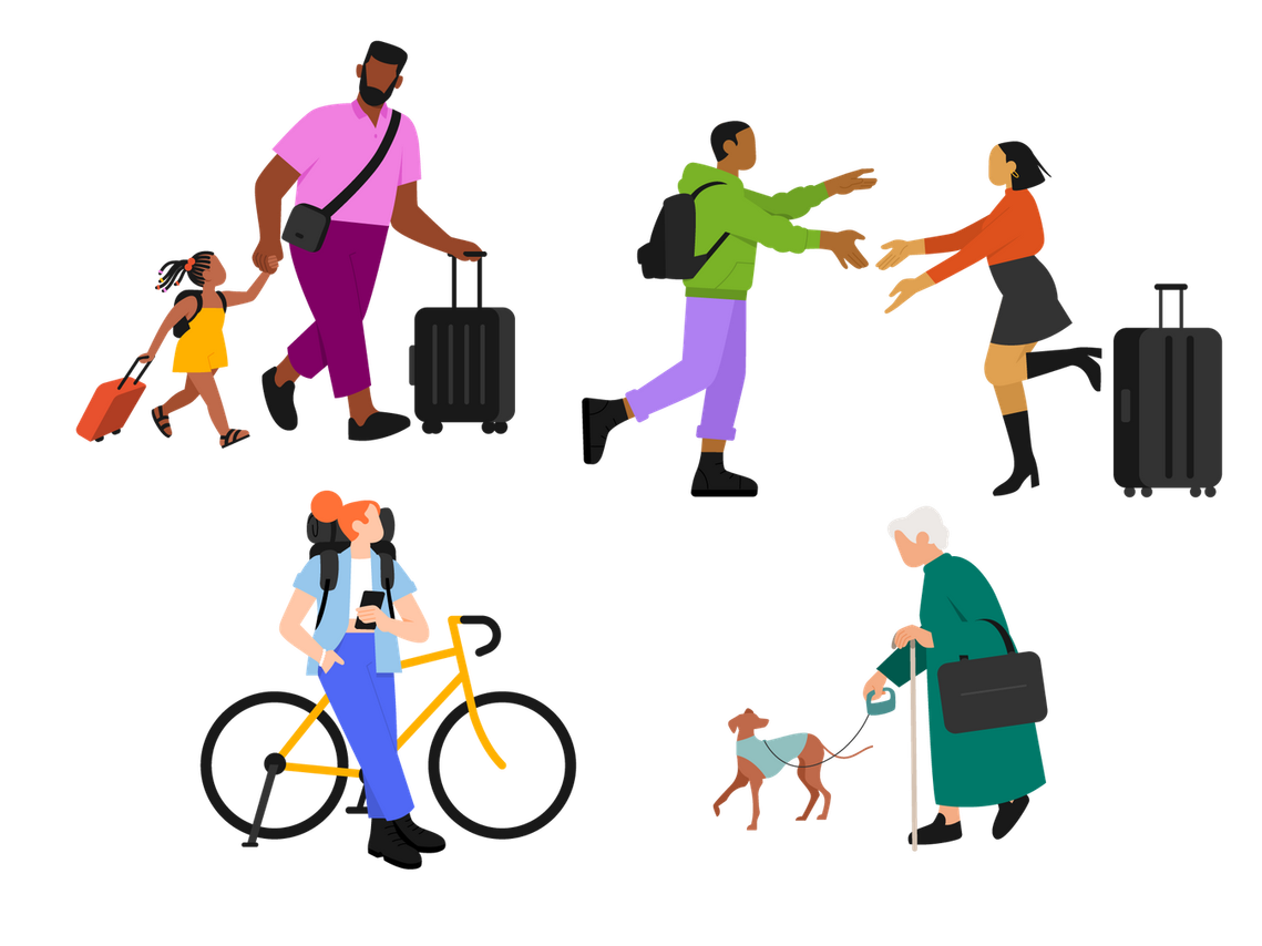 Diverse travellers using Sncf Réseau. Joy, tenderness, general good mood. Family connexions.