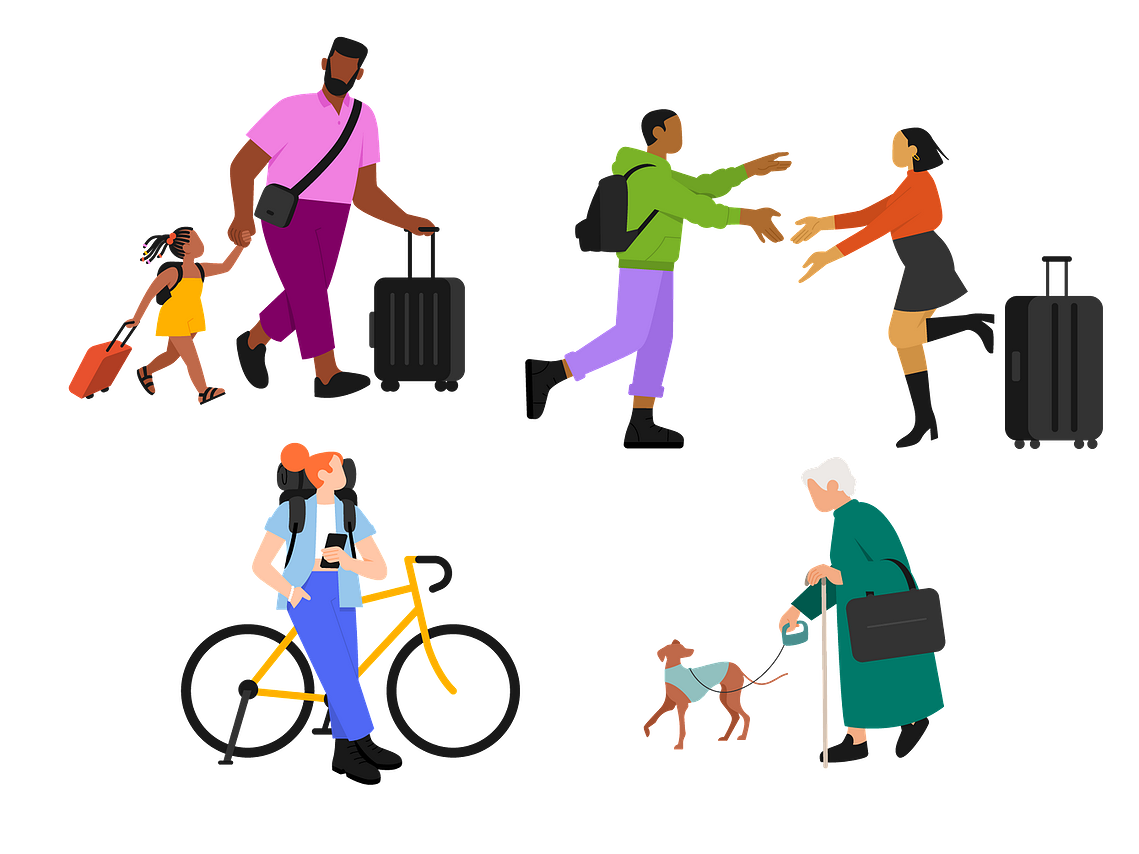 Diverse travellers using Sncf Réseau. Joy, tenderness, general good mood. Family connexions.