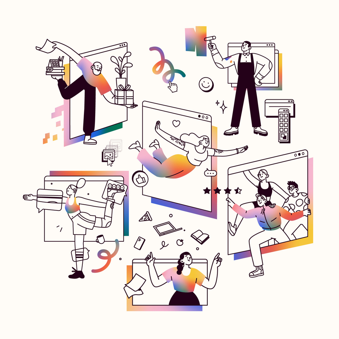 8 people of diverse ages and genders are displayed in circle with colorful graphic elements and gradient colored clothes. They come from or pose in front of huge computer screens