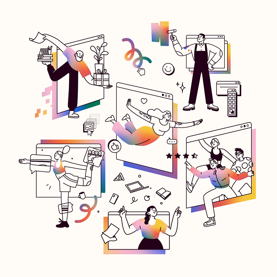 8 people of diverse ages and genders are displayed in circle with colorful graphic elements and gradient colored clothes. They come from or pose in front of huge computer screens
