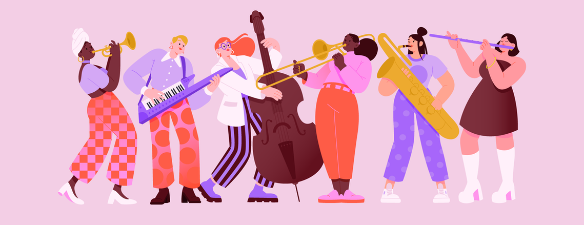 Jazz music band - women musicians It feels like the good stuff seems to always come out of the blue. That's why I've been listening to a lot of jazz everyday for the last two years; so many tunes lift me up and calm me down with their unexpected goodness.