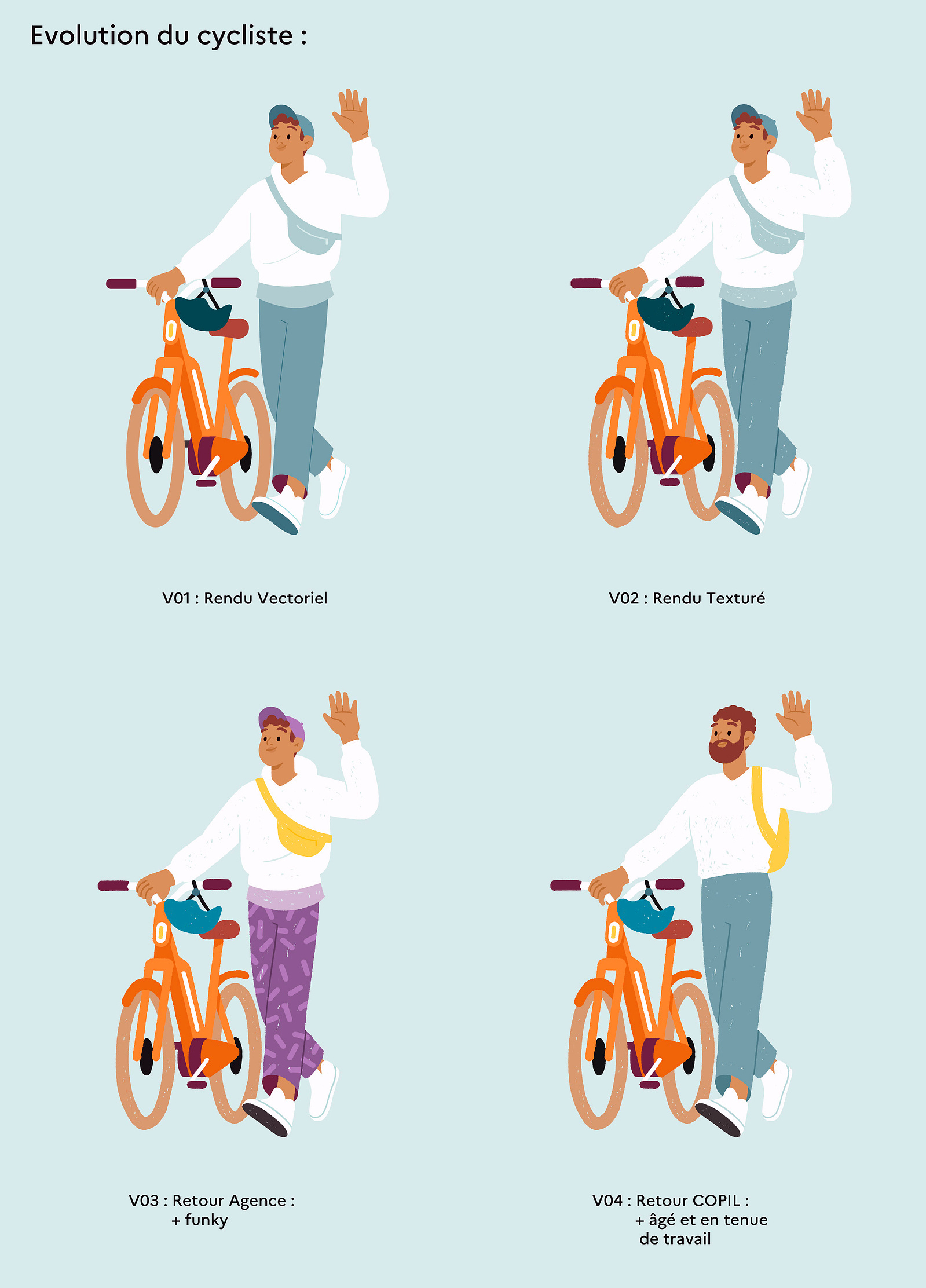 4 versions du cycliste dans la même pose, la main levée. Les couleurs de vêtements et le visage diffèrent pour illustrer l'âge et l'activité du personnage.