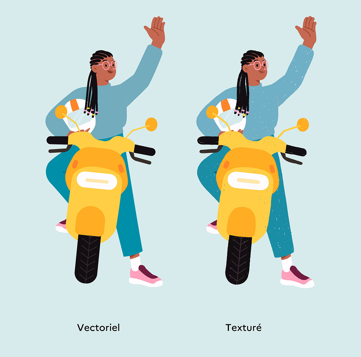 Deux versions du personnage de la femme noire habillée de bleu assise sur son scooter jaune. A gauche en aplats de couleurs dessinée sur Adobe Illustrator. A droite en couleurs texturées dessinée sur Adobe Photoshop.