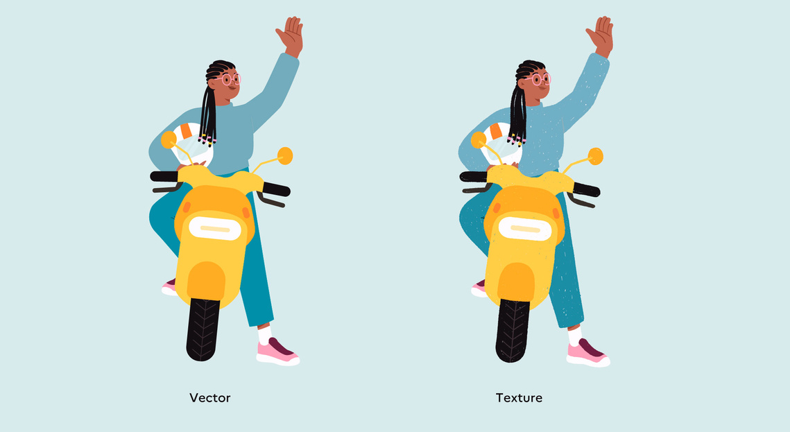Deux versions du personnage de la femme noire habillée de bleu assise sur son scooter jaune. A gauche en aplats de couleurs dessinée sur Adobe Illustrator. A droite en couleurs texturées dessinée sur Adobe Photoshop.