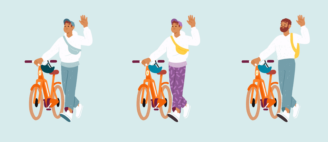 Trois versions du cycliste dans la même pose, la main levée. Les couleurs de vêtements et le visage diffèrent pour illustrer l'âge et l'activité du personnage.