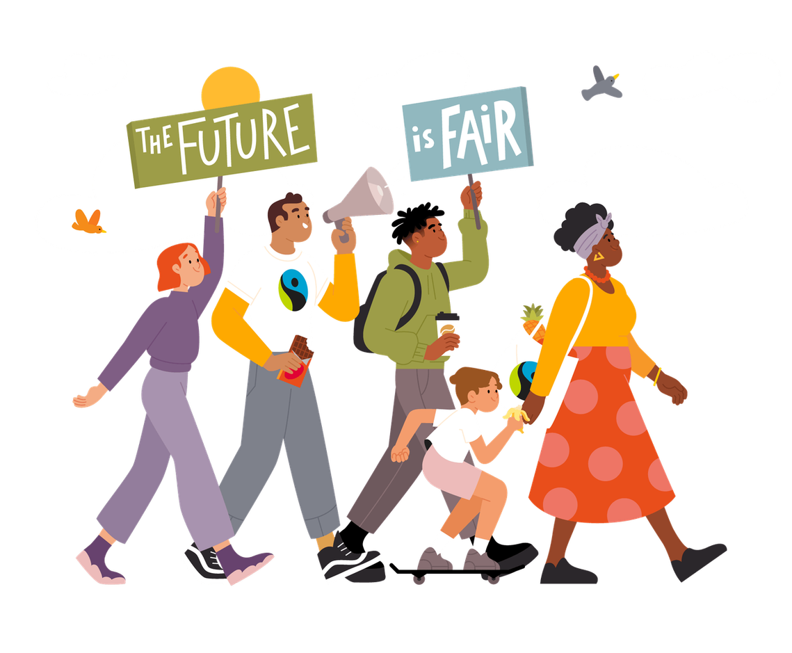 Warm colored illustration of 5 people marching for a fair future. 2 birds fly in a sky with shiny sun and a couple of clouds. Max Havelaar logo stands on a tote bag and a t-shirt