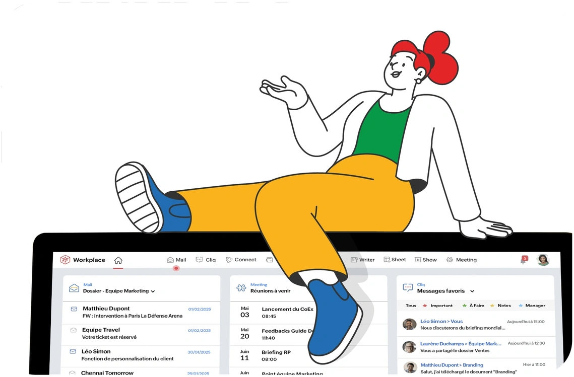 Illustration de marque pour Zoho, une femme est relax sur le dessus d'un écran d'ordinateur. Elle a une attitude détendue et dynamique. Son style vestimentaire est moderne et ses baskets stylées. Clemence Thune pour campagne de marque Zoho France.