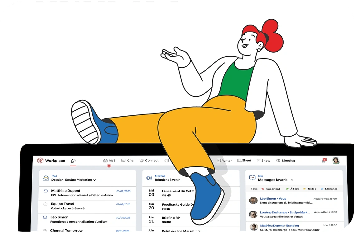 Illustration de marque pour Zoho, une femme est relax sur le dessus d'un écran d'ordinateur. Elle a une attitude détendue et dynamique. Son style vestimentaire est moderne et ses baskets stylées. Clemence Thune pour campagne de marque Zoho France.