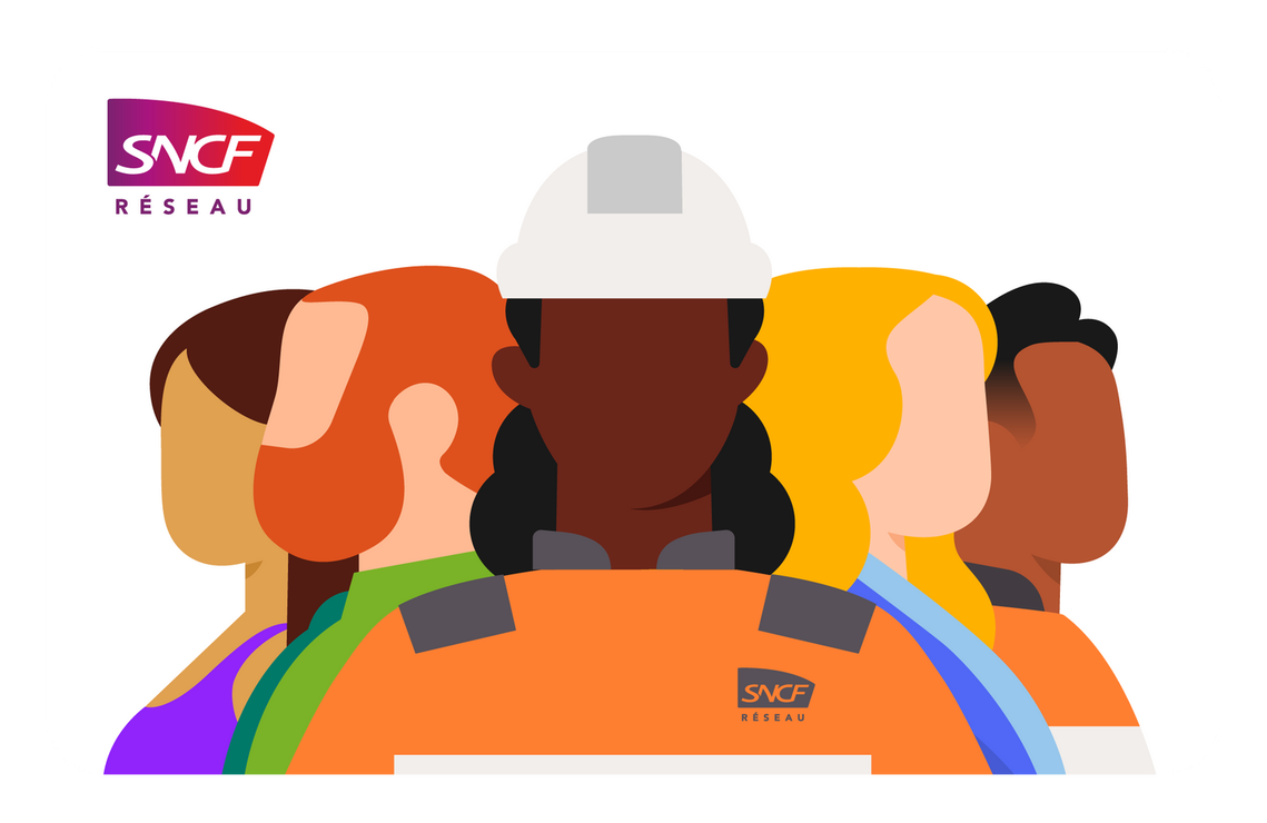 5 employees of diverse skin-colors, working for SNCF Réseau, its services, maintenance and safety
